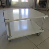"Space Age" coffee table in white lacquered steel. Double tops. France, Circa