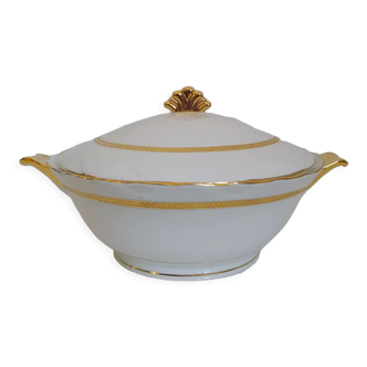 Soupière en porcelaine de Limoges blanche et or