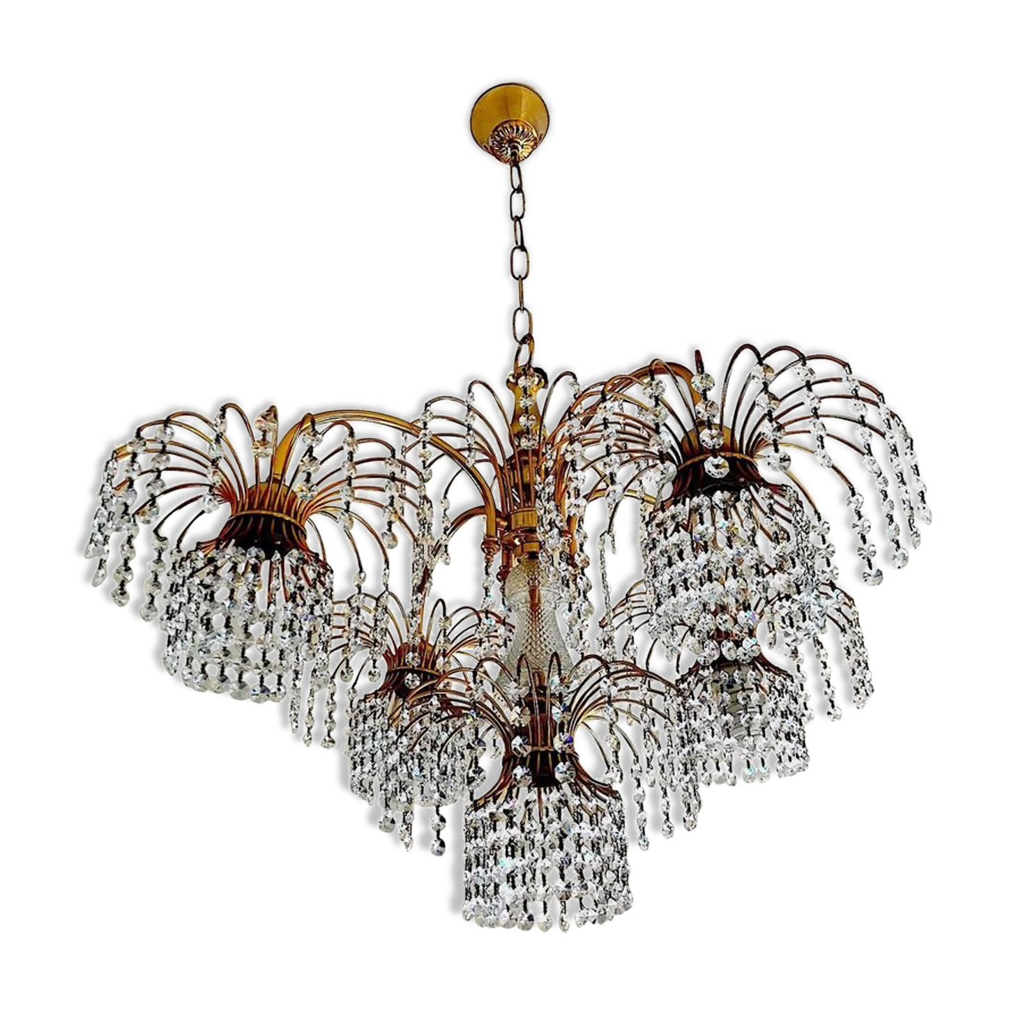 Chandelier crystal of Murano pagoda 1970 gold metal frame