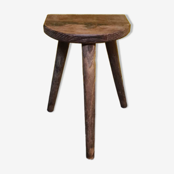 Tabouret tripode de fermier en bois, travail français circa 1950