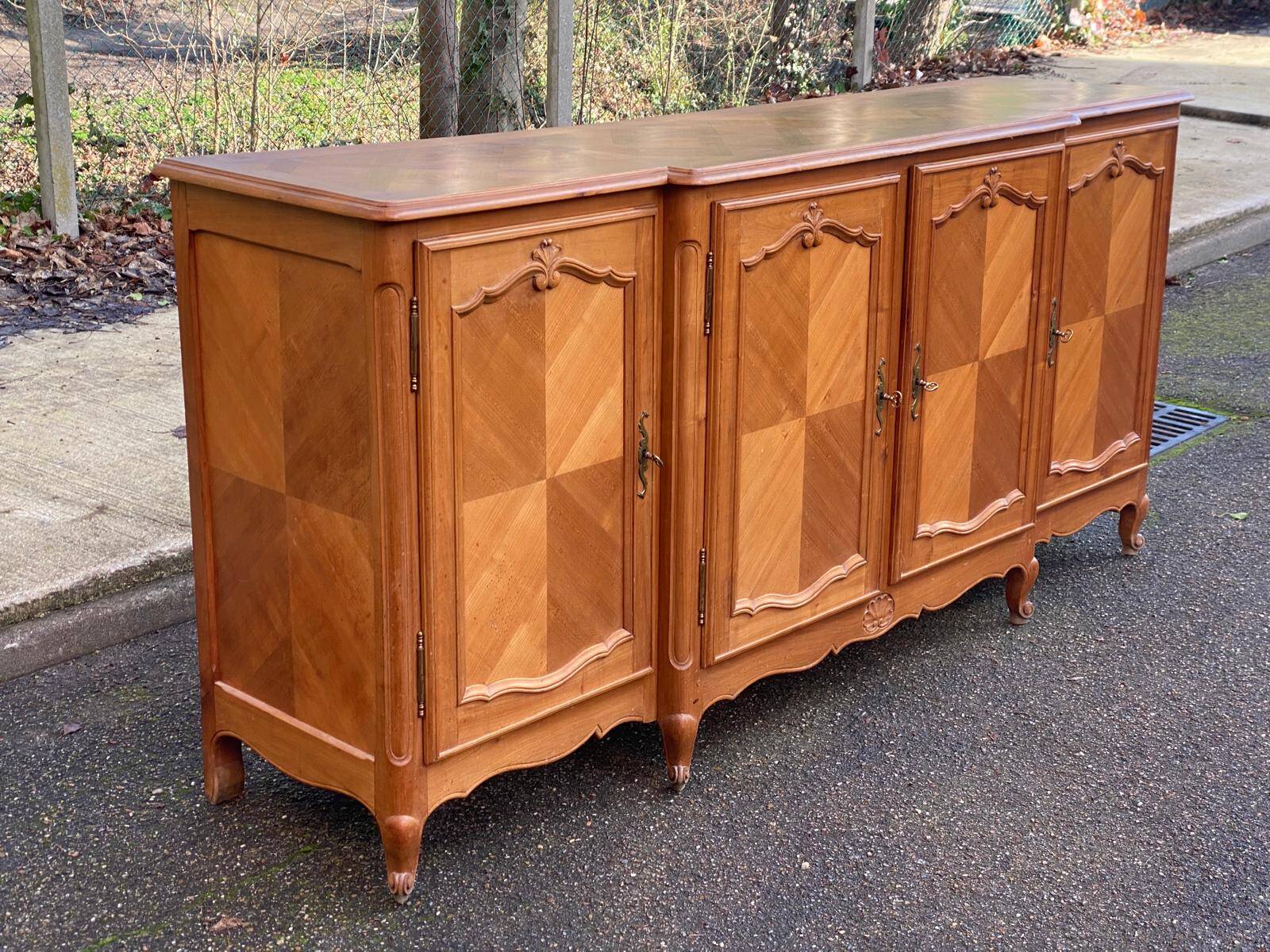 Light solid wood enfilade with Louis XV marquetry from the 20th century, 227cm.