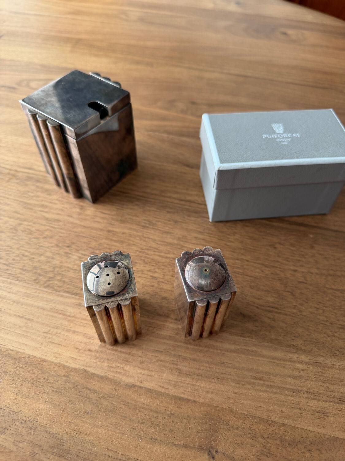 Puiforcat salt cellar, pepper shaker and mustard pot