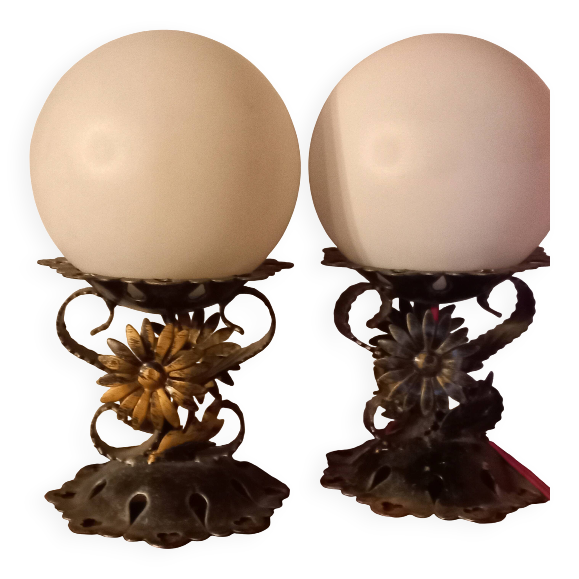 Pair of vintage wrought iron and opaline lamps from the 1960s.