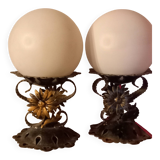 Pair of vintage wrought iron and opaline lamps from the 1960s.