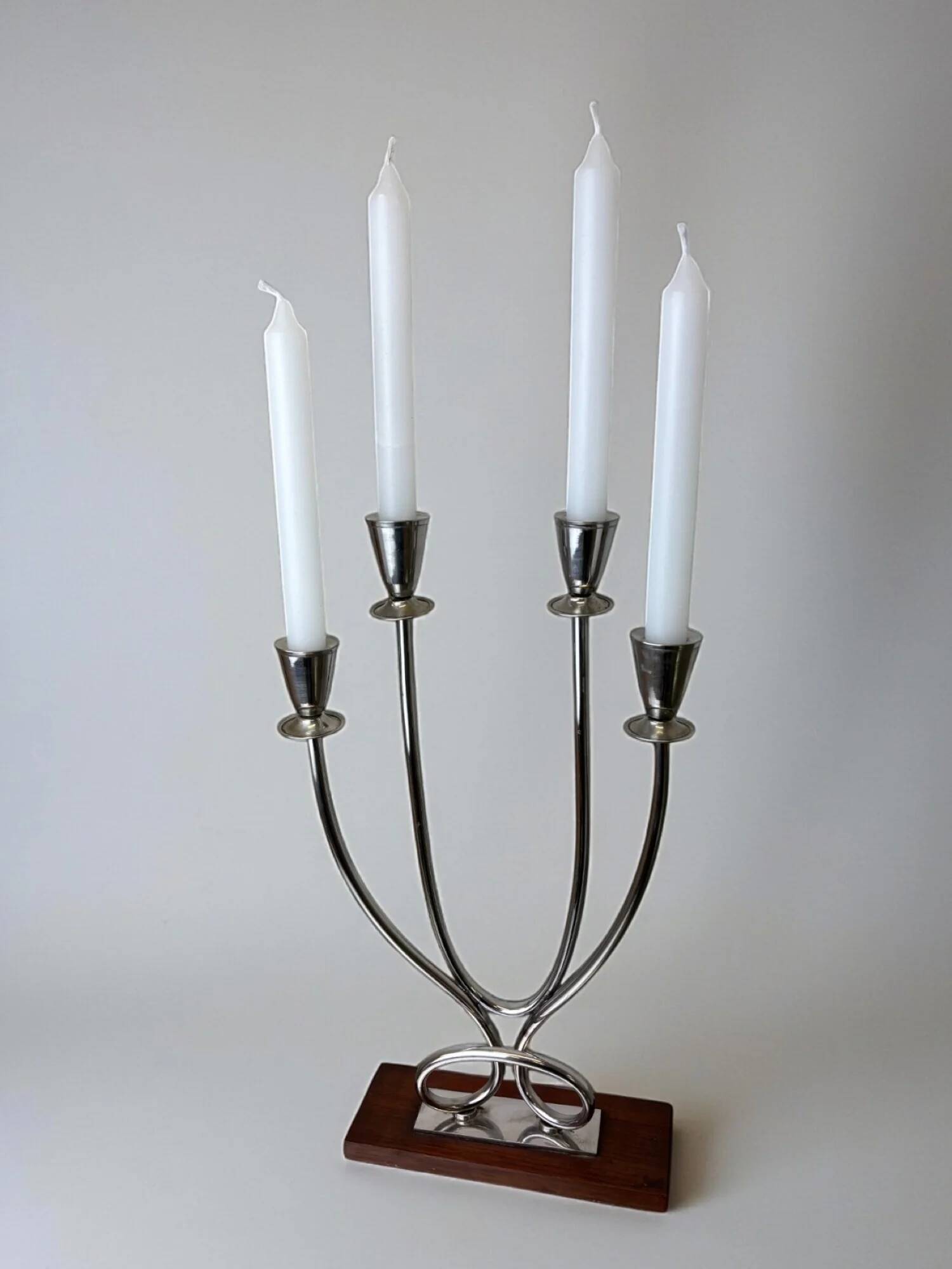 Art deco candlestick in stainless steel and rosewood, 4 flames, Spain, 1970s