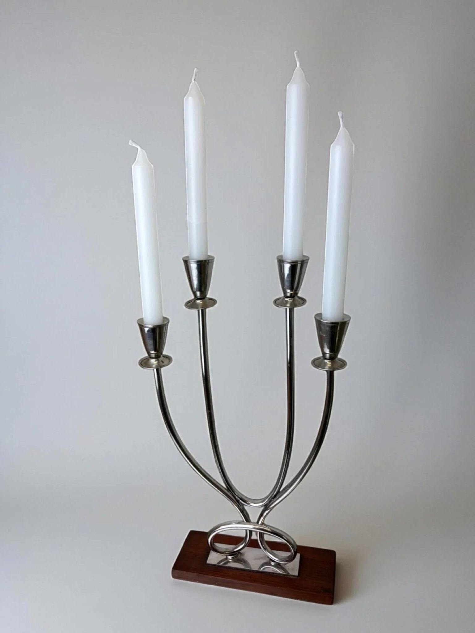 Art deco candlestick in stainless steel and rosewood, 4 flames, Spain, 1970s