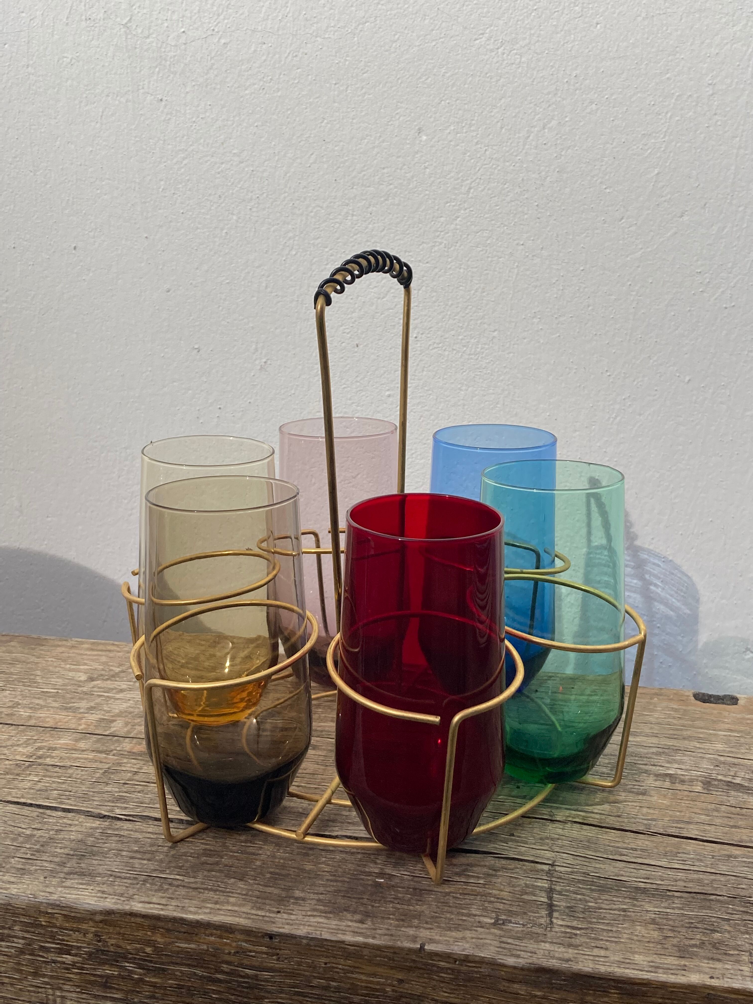 Crystal coloured water glasses in gilded metal glass holders 1970