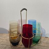 Crystal coloured water glasses in gilded metal glass holders 1970