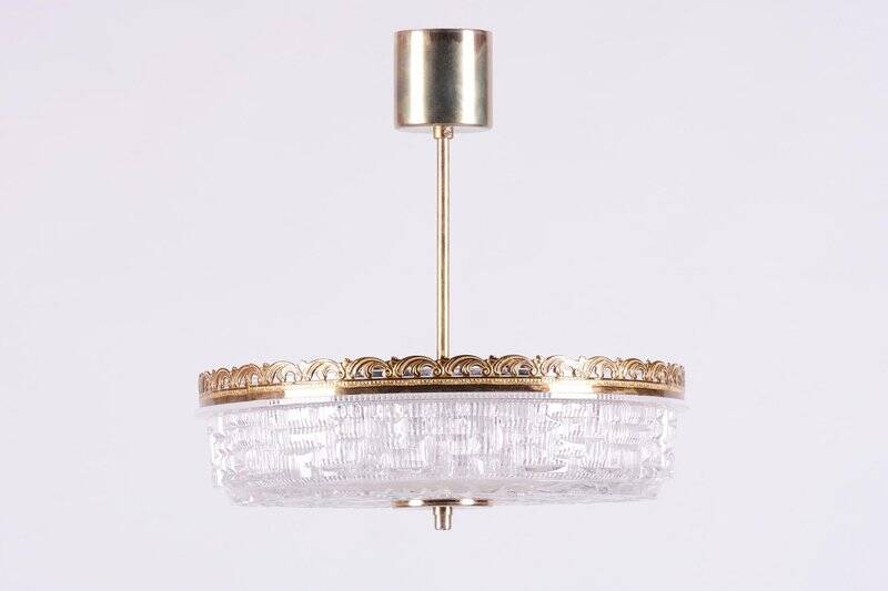 Mid-Century Chandelier in Glass and Brass attributed to Kamenický Šenov, Czech, 1960s