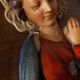 Painting, low relief in polychrome plaster, virgin mary, child jesus on wooden frame