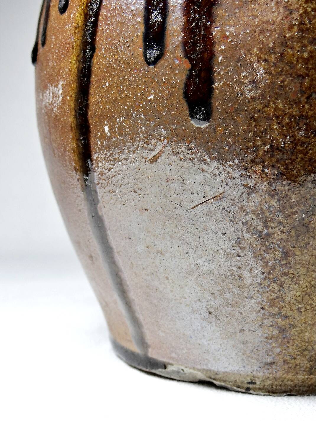 Old stoneware oil jar, glazed and enamelled, 2 handles