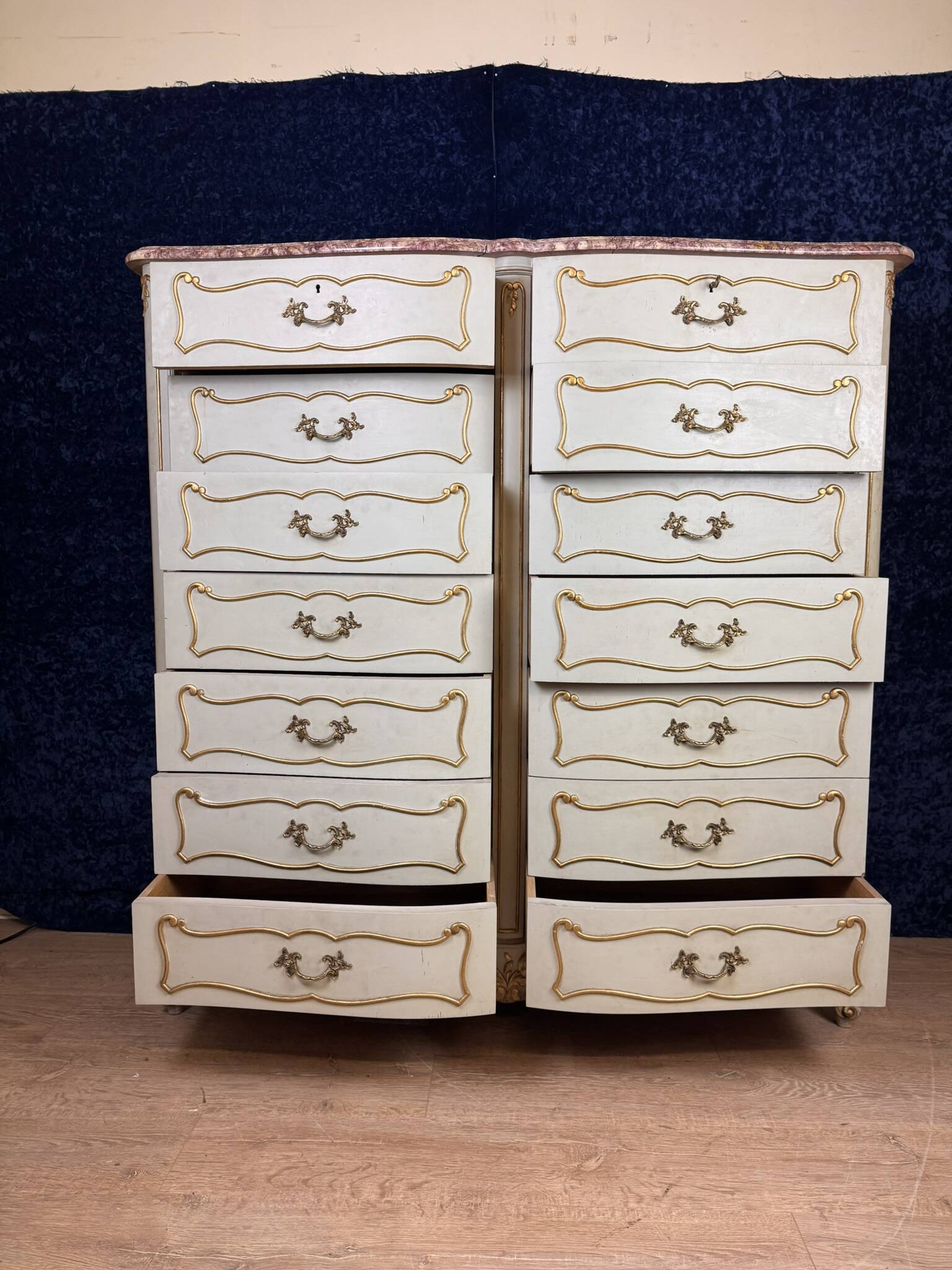 Louis XV style double row crossbow chest of drawers in lacquered and gilded wood circa 1900