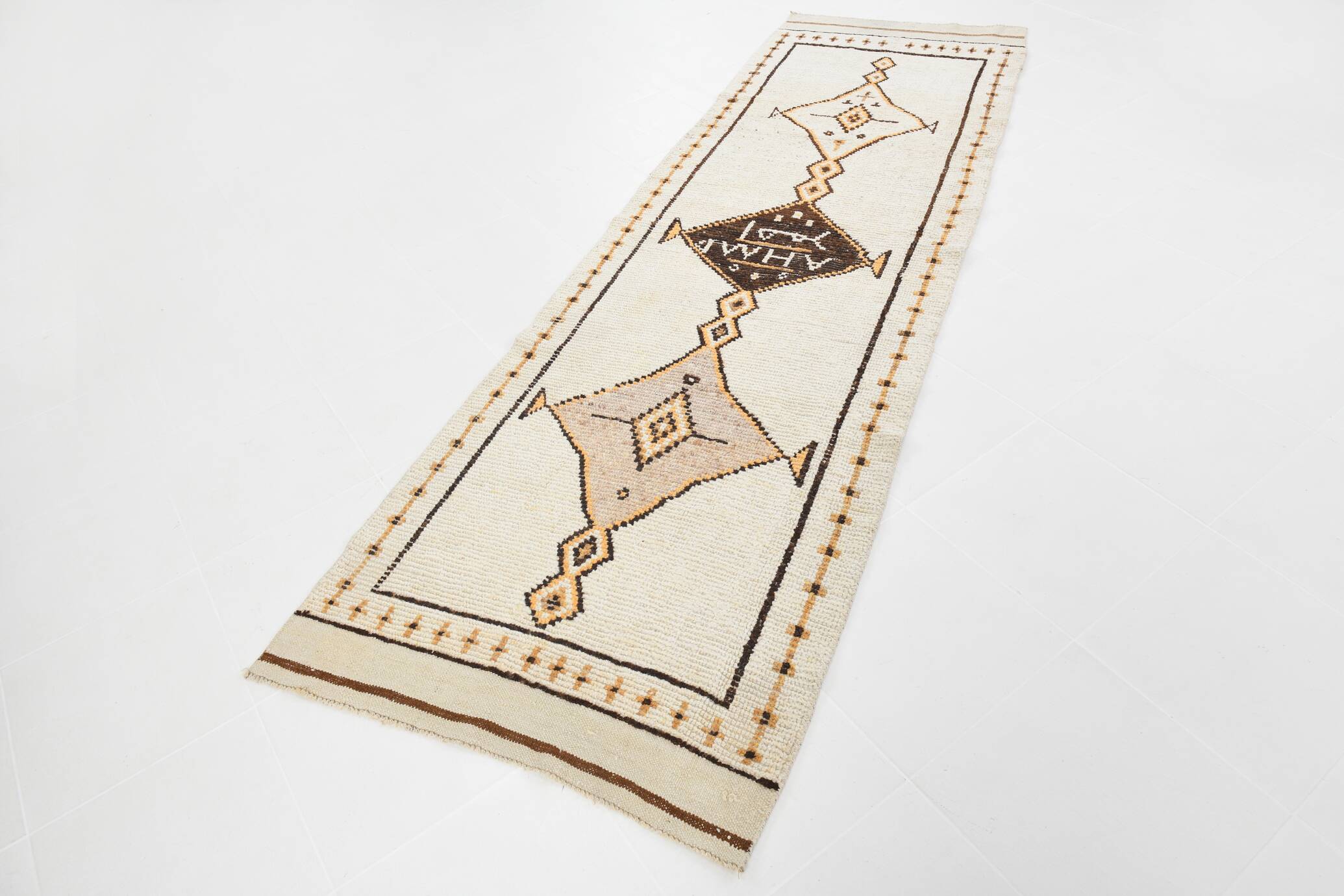 Beige & Brown Classic Turkish Runner Rug, 100x332Cm