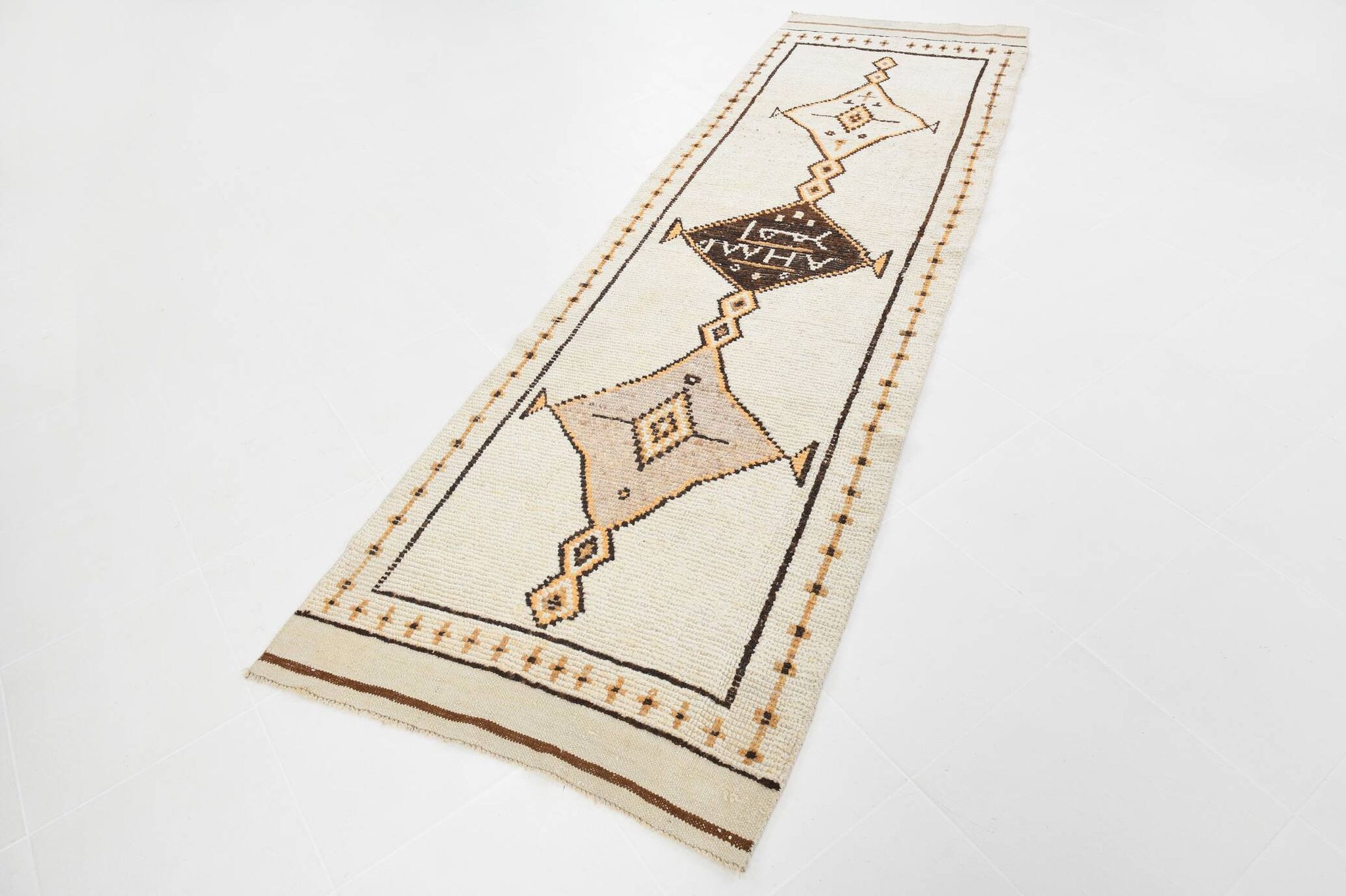 Beige & Brown Classic Turkish Runner Rug, 100x332Cm