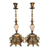 Paire de bougeoirs style Louis XVI bronze et albâtre 