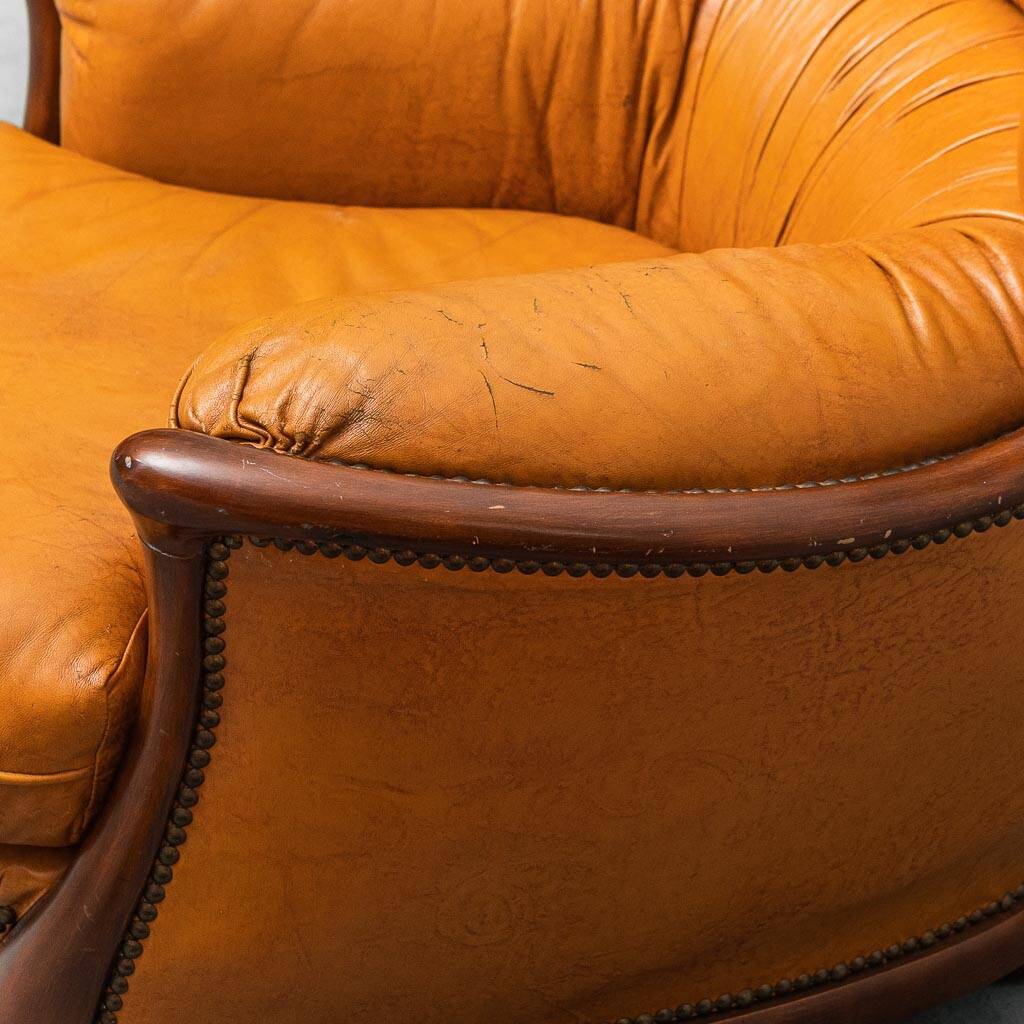 Pair of leather and wood armchairs 1950s vintage modernism