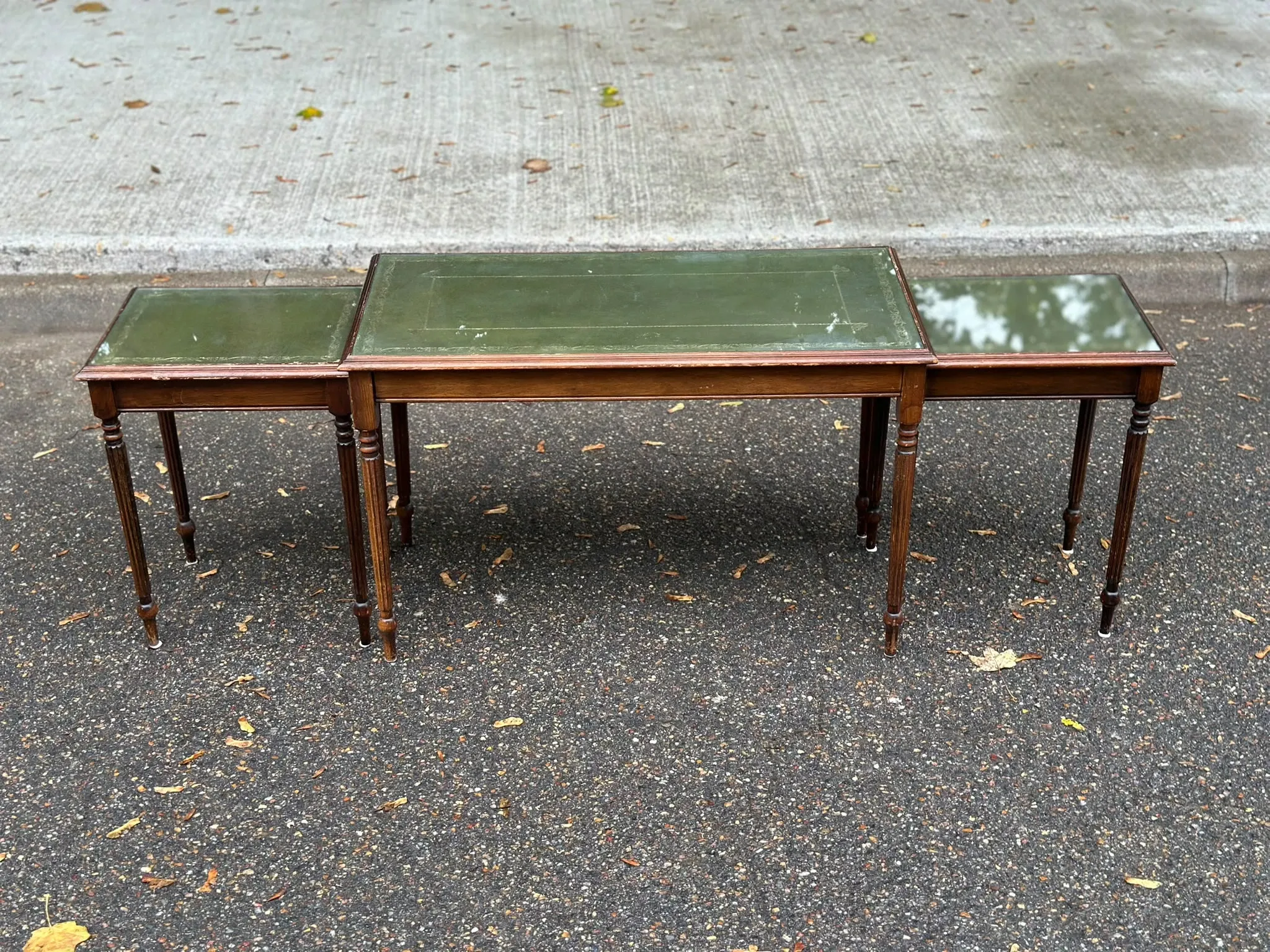 2 side tables, English Regency style, green leather & glass, 1960s.