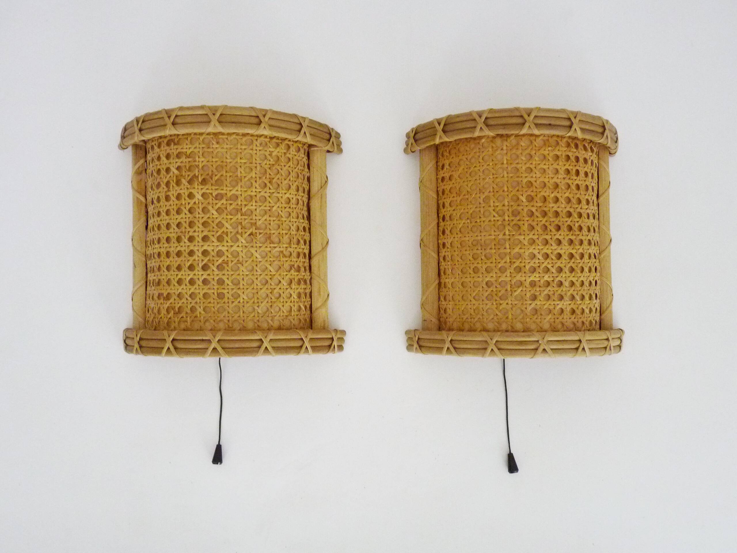 Pair of Vintage Rattan Cane Wall Sconces with Pull Chain