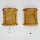 Pair of Vintage Rattan Cane Wall Sconces with Pull Chain