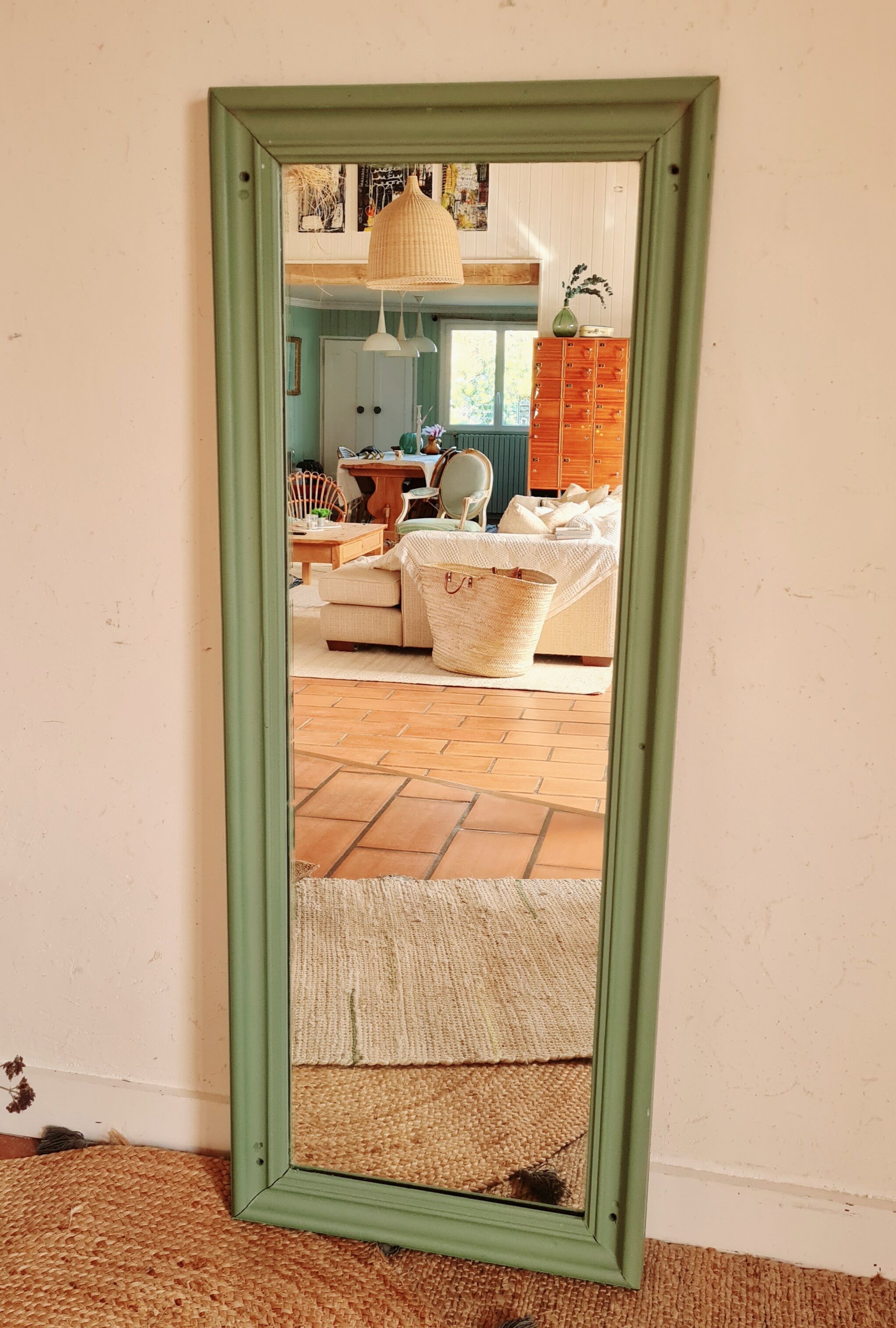 Antique mirror in wood green color