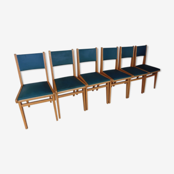 Set of 6 chairs in green skaï 1960