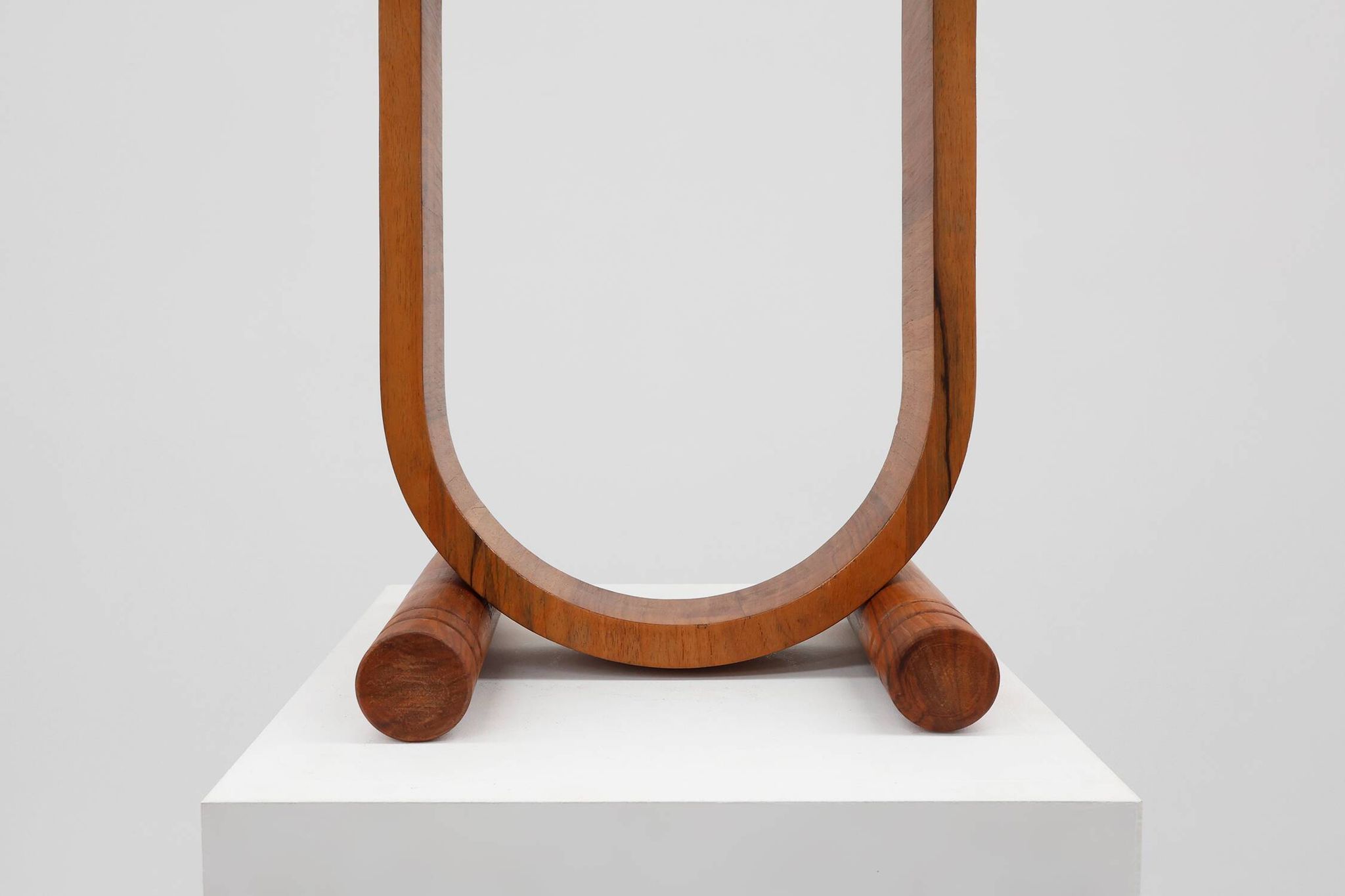 Art deco oak wooden round side table with bended leg, France 1920s