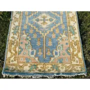 Hand-Knotted Oushak Wool Area Rug, Blue Medallion Design Accent Rug for Entryway