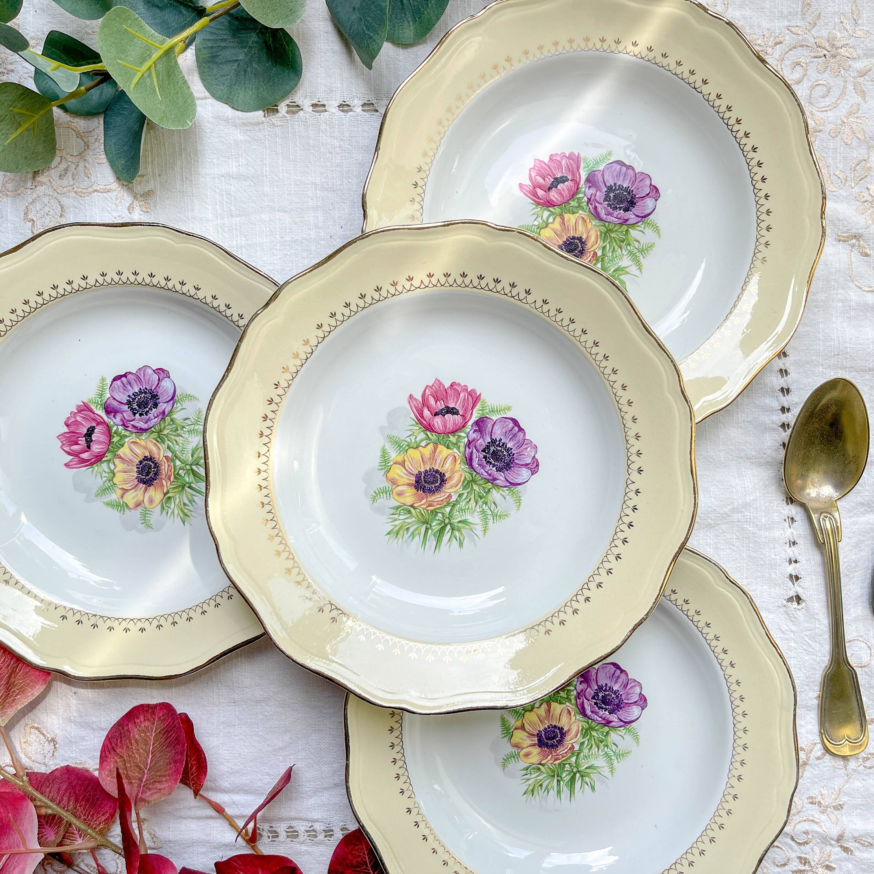4 vintage porcelain soup plates with white and golden yellow floral pattern L'Amandinoise "Coopélia"