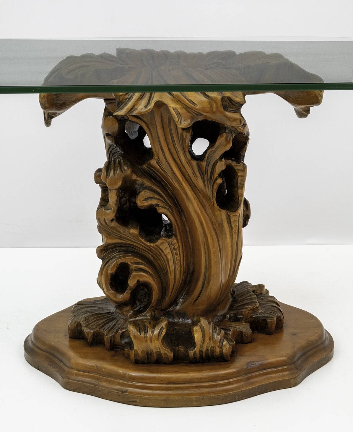 Mid-Century Modern Italian Carved Wood Base Large Curls and Leaves table