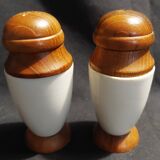 Pair of vintage ceramic and wood salt and pepper shakers