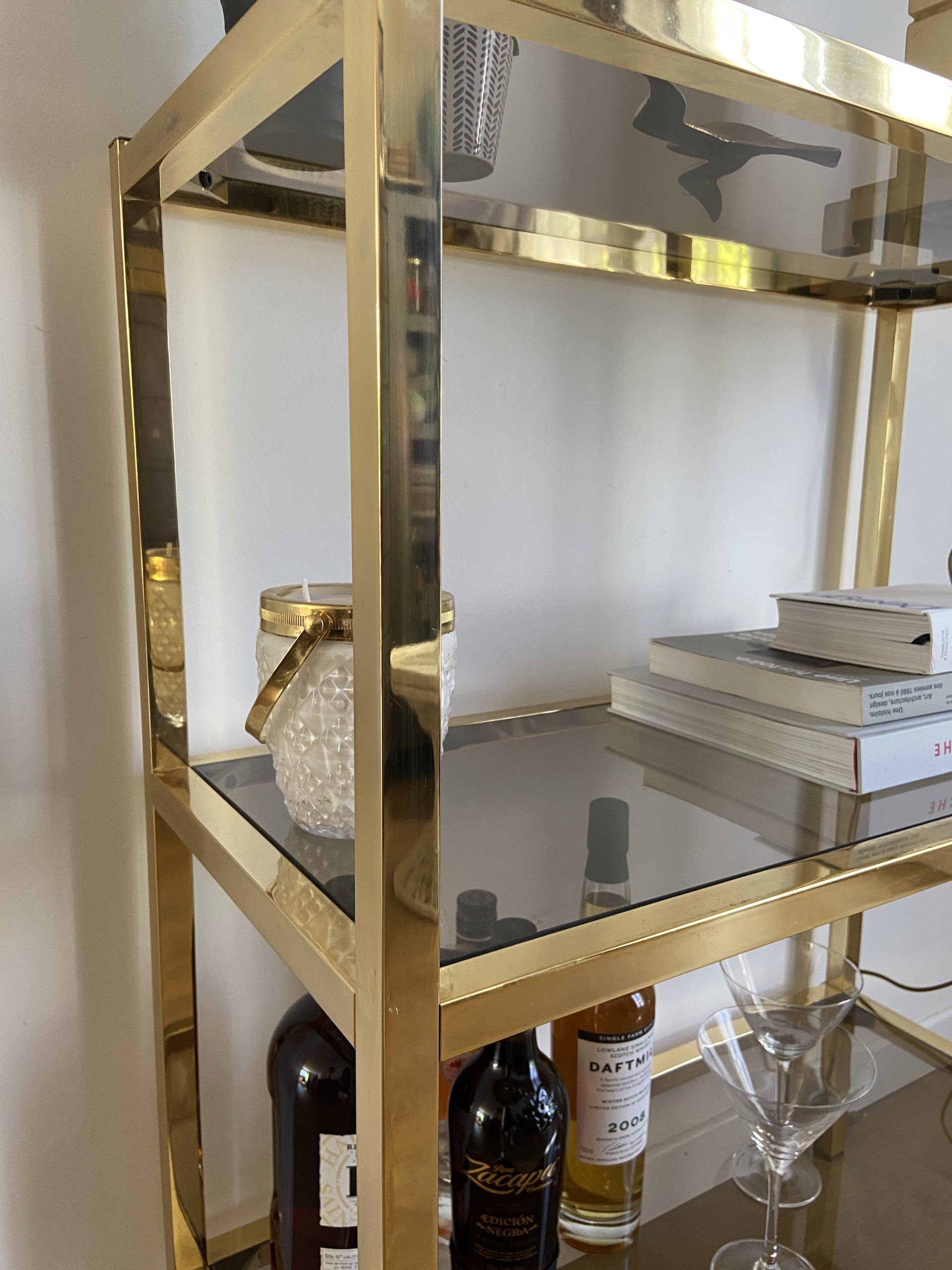 VINTAGE SHELF CONSOLE IN GOLD METAL AND SMOKED GLASS