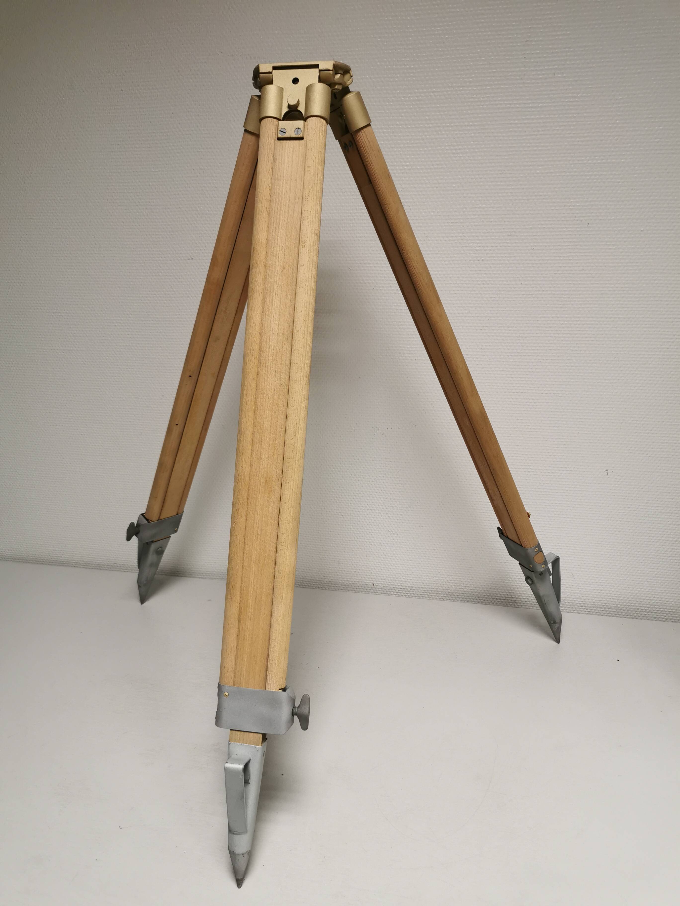 Raw / stripped wooden tripod, vintage industrial lamp base