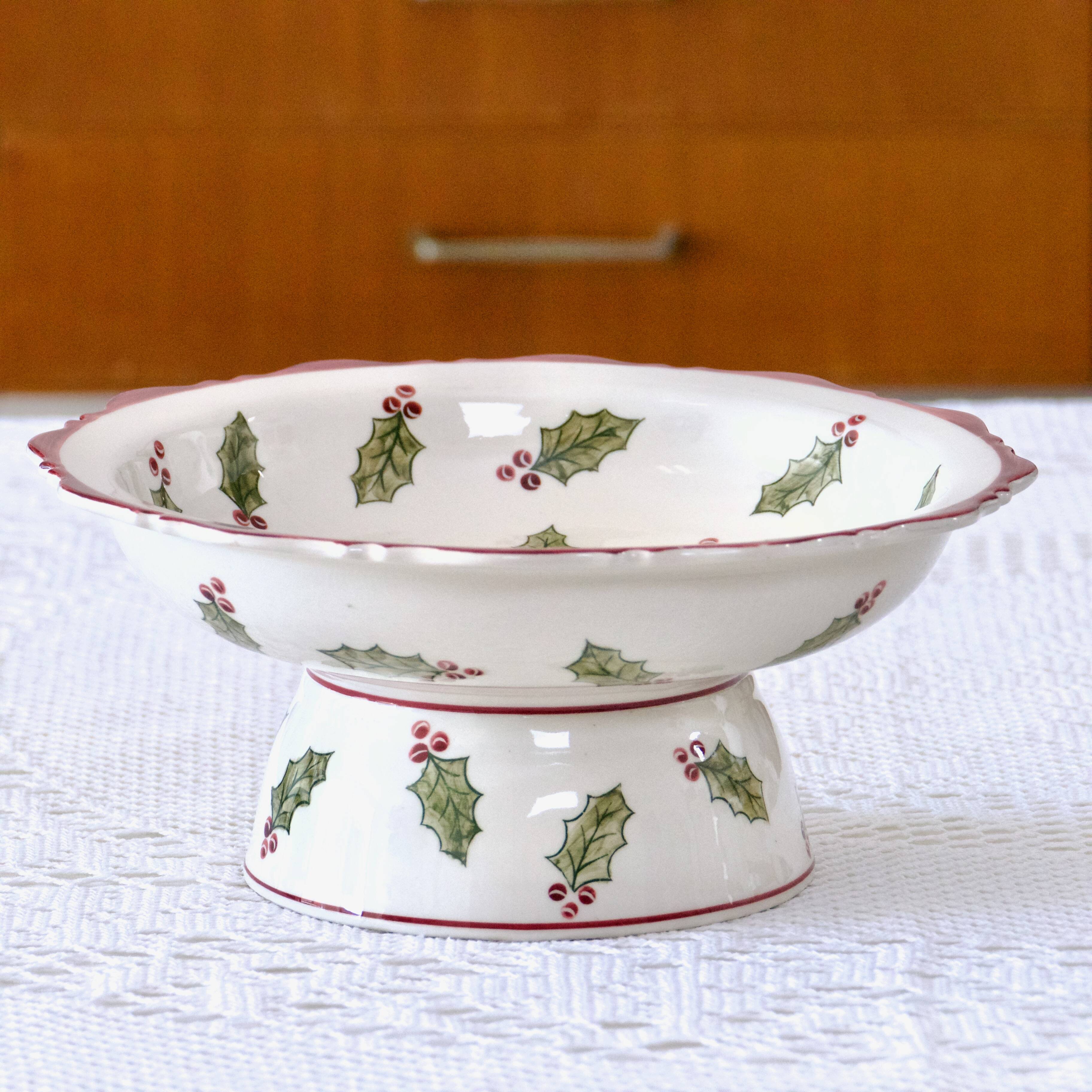 Large hand painted earthenware footed bowl Christmas decor