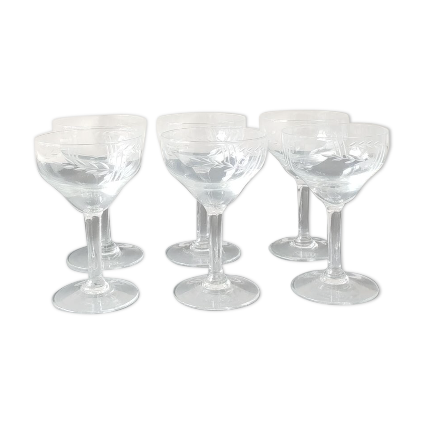 Lot 6 art décor champagne glasses, 1920s. chiseled ears of wheat/transverse lines motifs