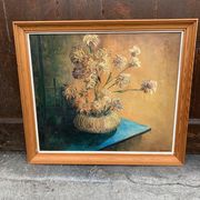 Oil on canvas still life with chrysanthemums