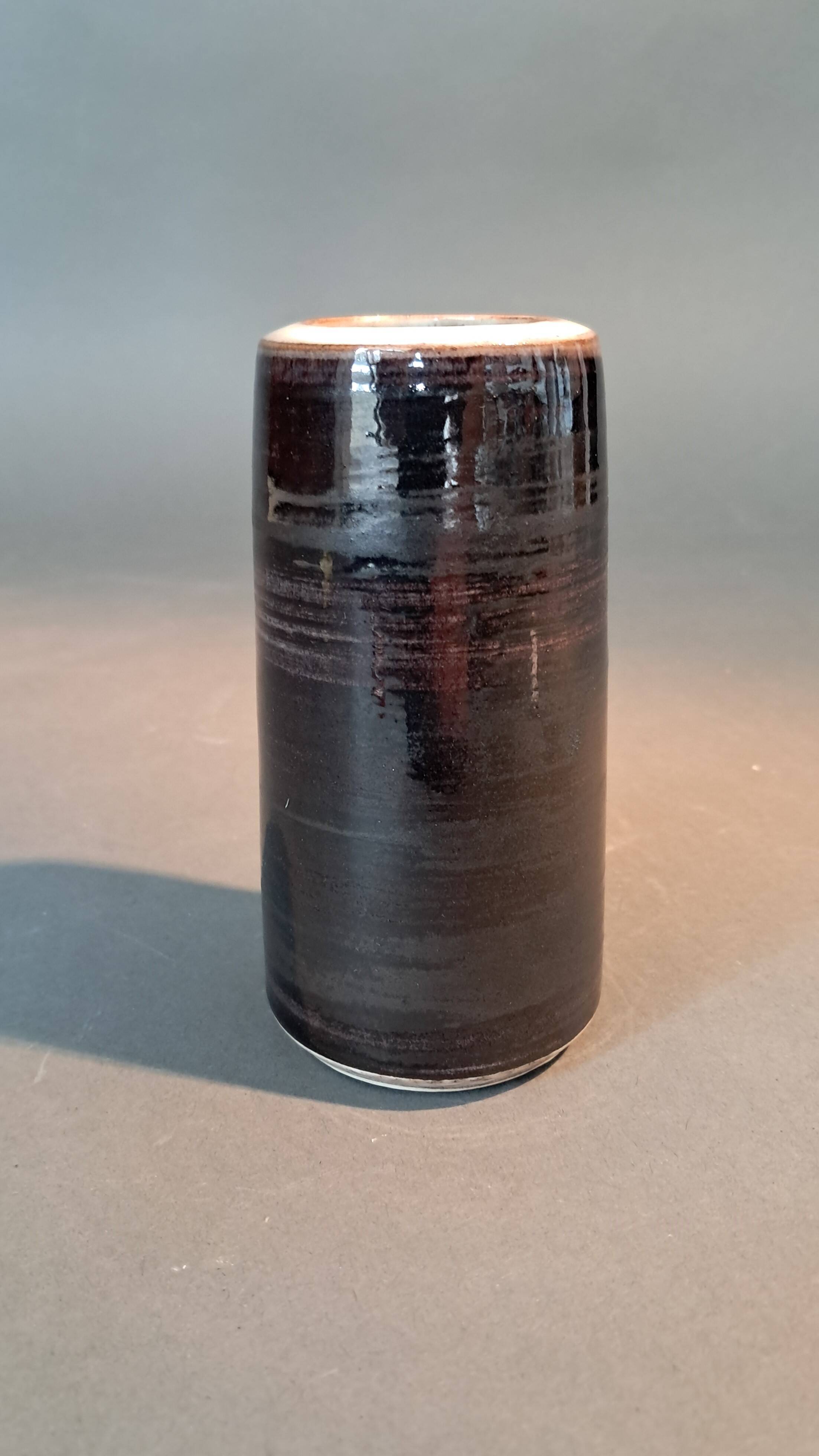 Small monogrammed black enameled ceramic vase by Willy Steinlin, Switzerland 1960.