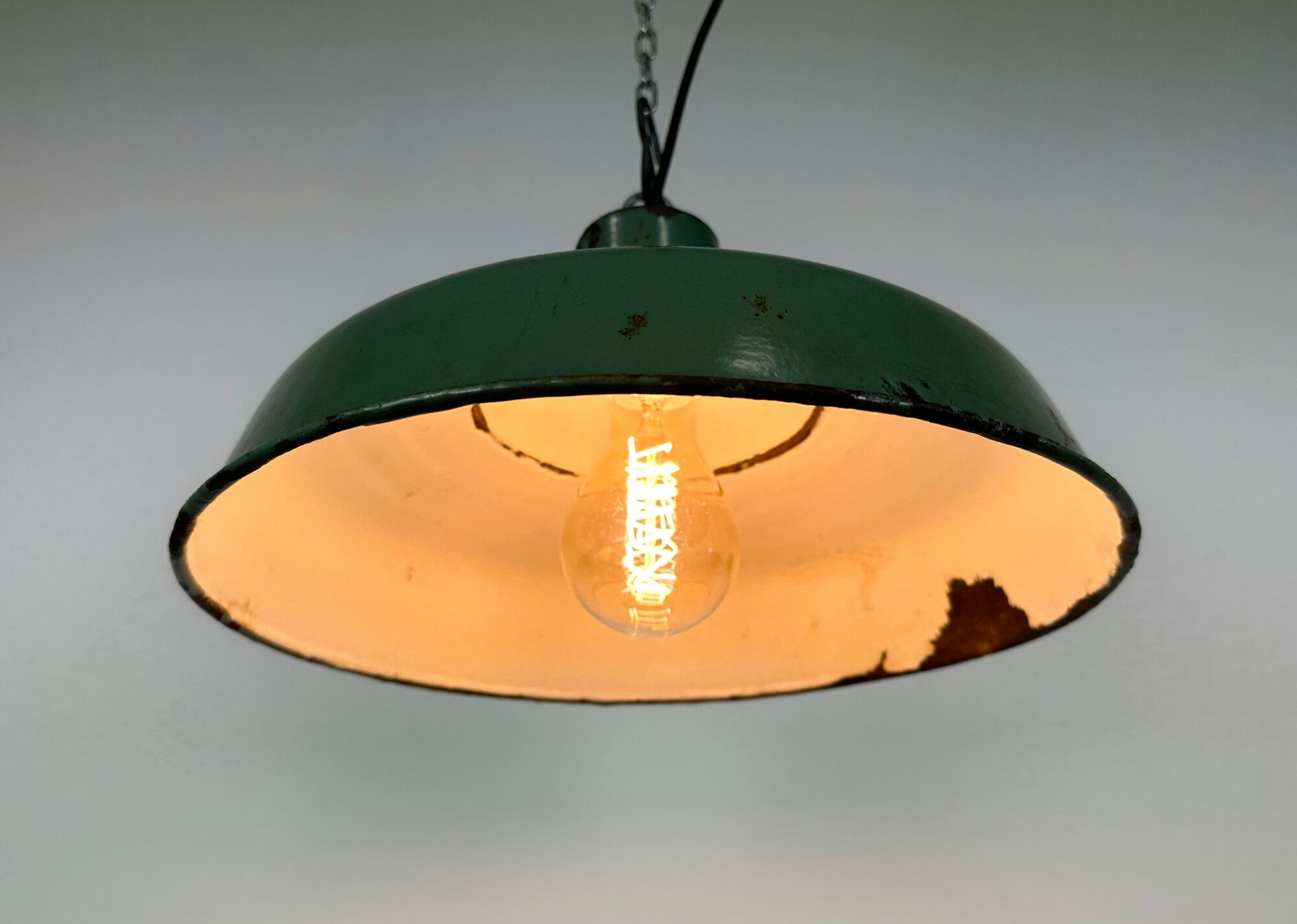 Industrial french green enamel factory lamp, 1960s