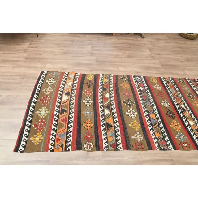 Tapis Kilim coloré en laine et coton fait main turc vintage des années 1970 98x405