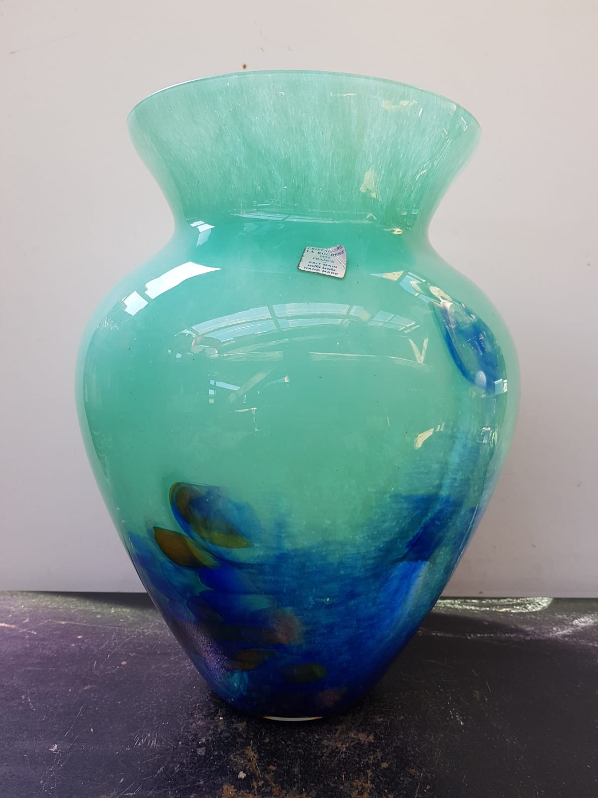 Ancien vase cristallerie la rochere multicouche vert & bleu vintage
