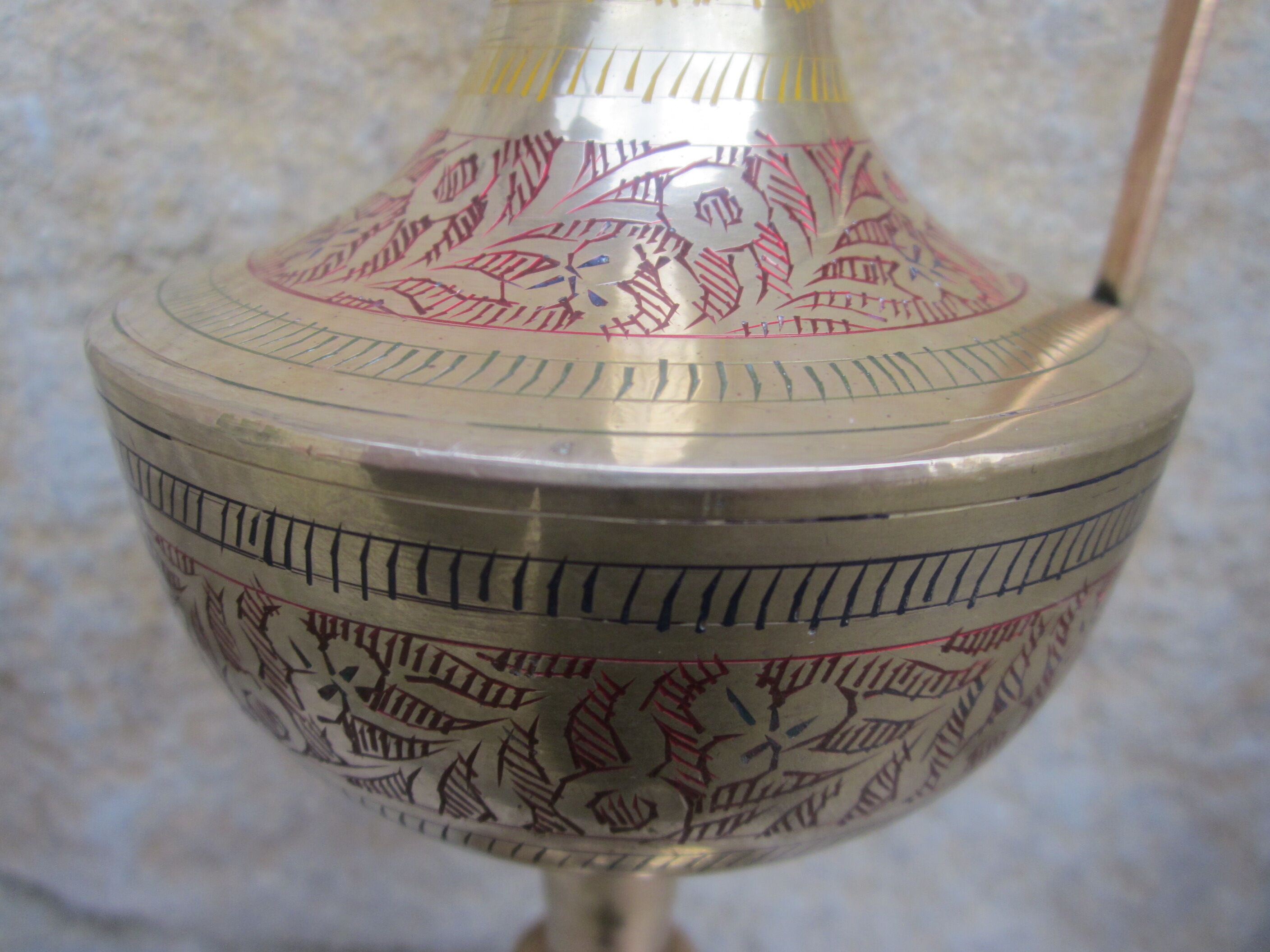 Indian brass ewer: inlaid plant motifs