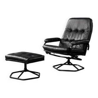Vintage Mid-Century Danish Modern Black Leather Swivel Chair and Ottoman