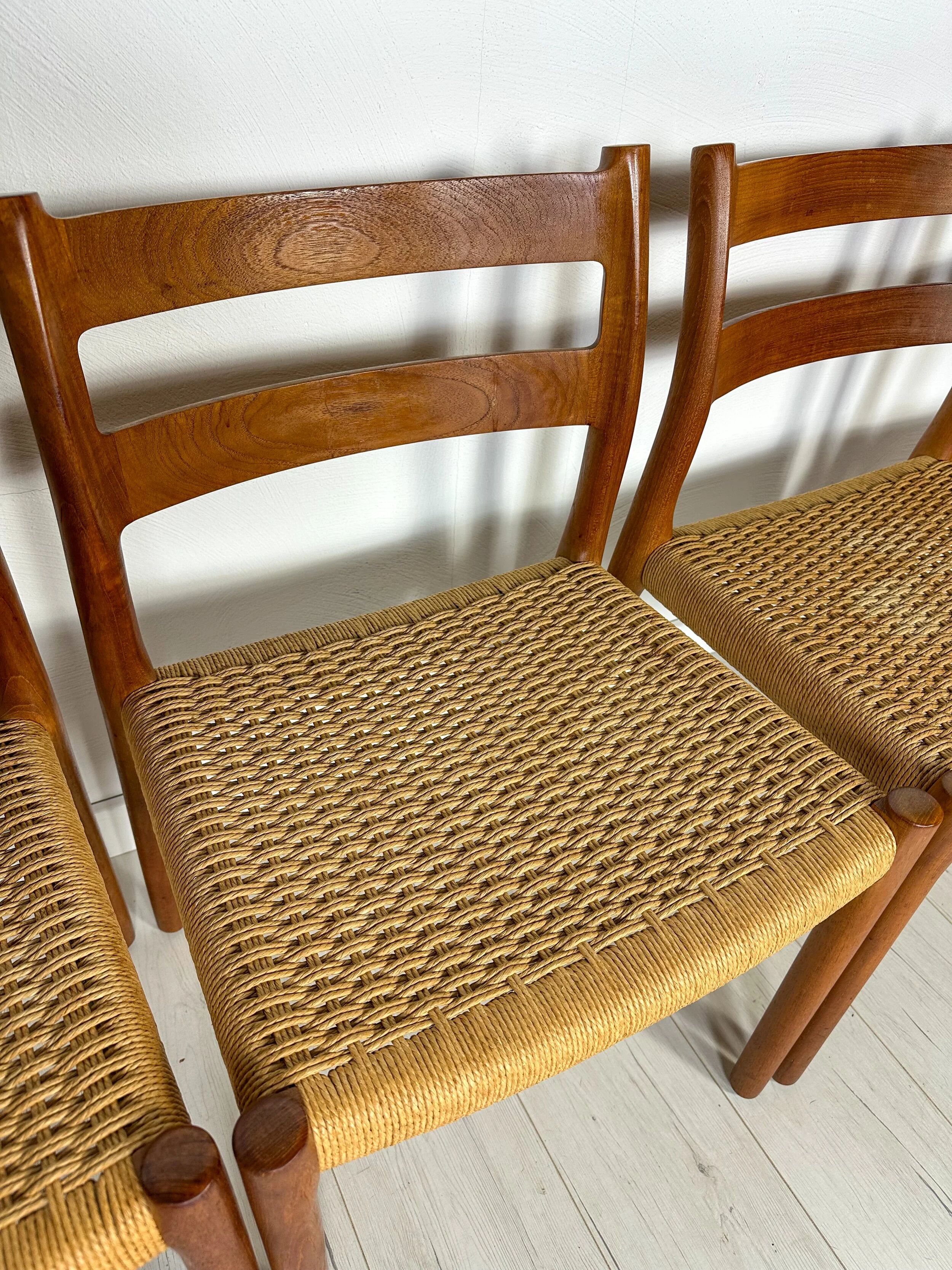 1960s Set of 6 Danish Teak Papercord Dining Chairs Model 84 by Niels Møller