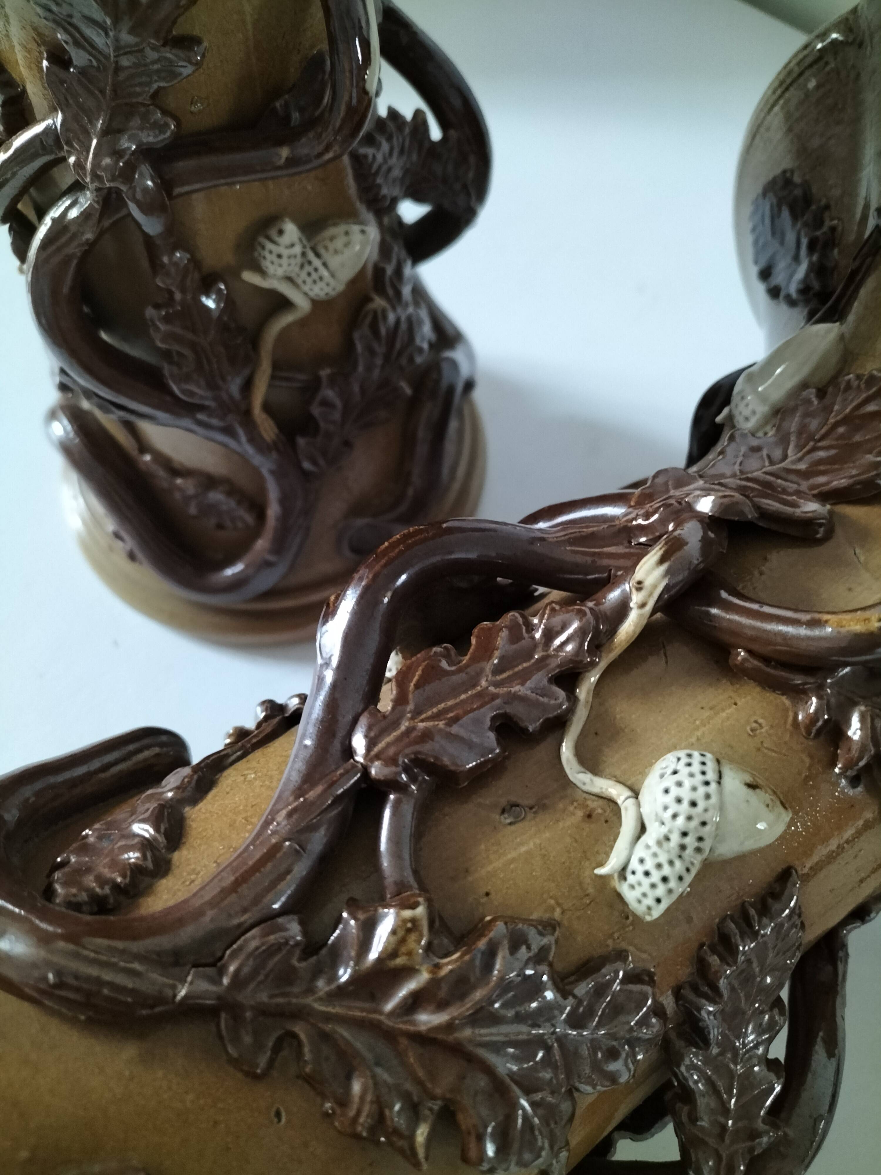 Duo of naturalistic stoneware vases – oak branches & acorns in relief