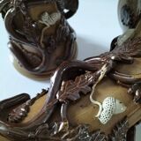 Duo of naturalistic stoneware vases – oak branches & acorns in relief