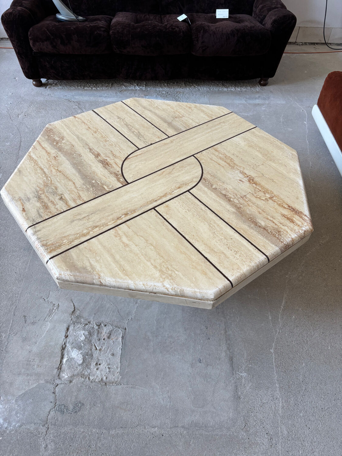 Vintage Octagonal Travertine Coffee Table with Geometric Pattern, 1970