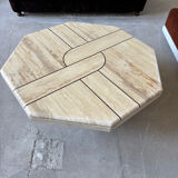 Vintage Octagonal Travertine Coffee Table with Geometric Pattern, 1970