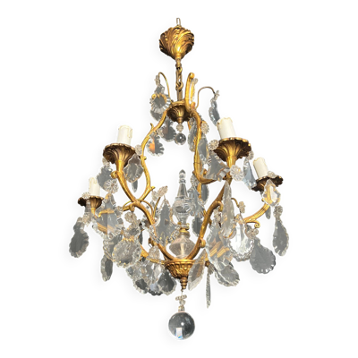 Lustre en bronze à cristaux de style Louis XV à 6 bras de lumières