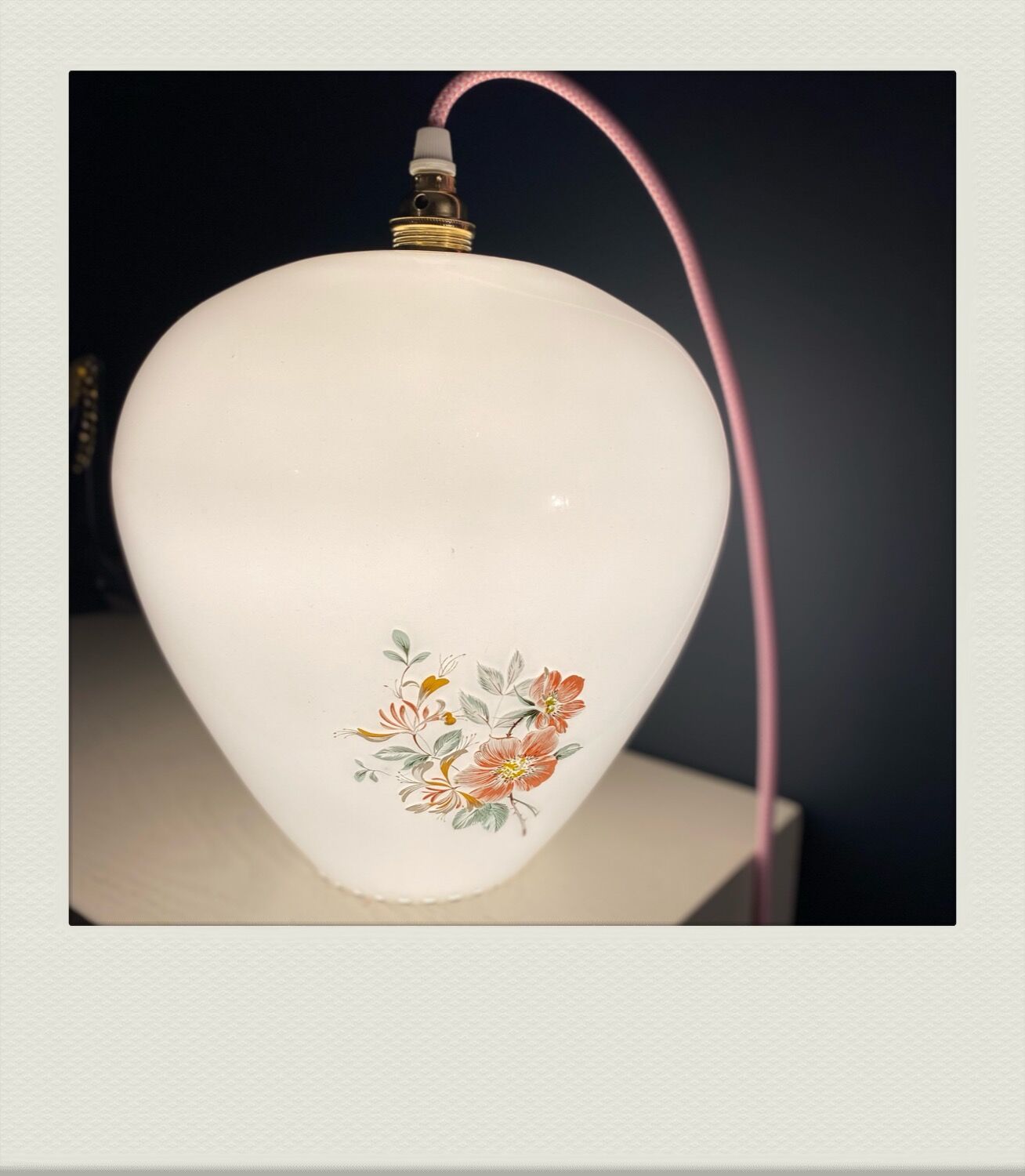 Balladous white glass, patterns small pink flowers and green foliage