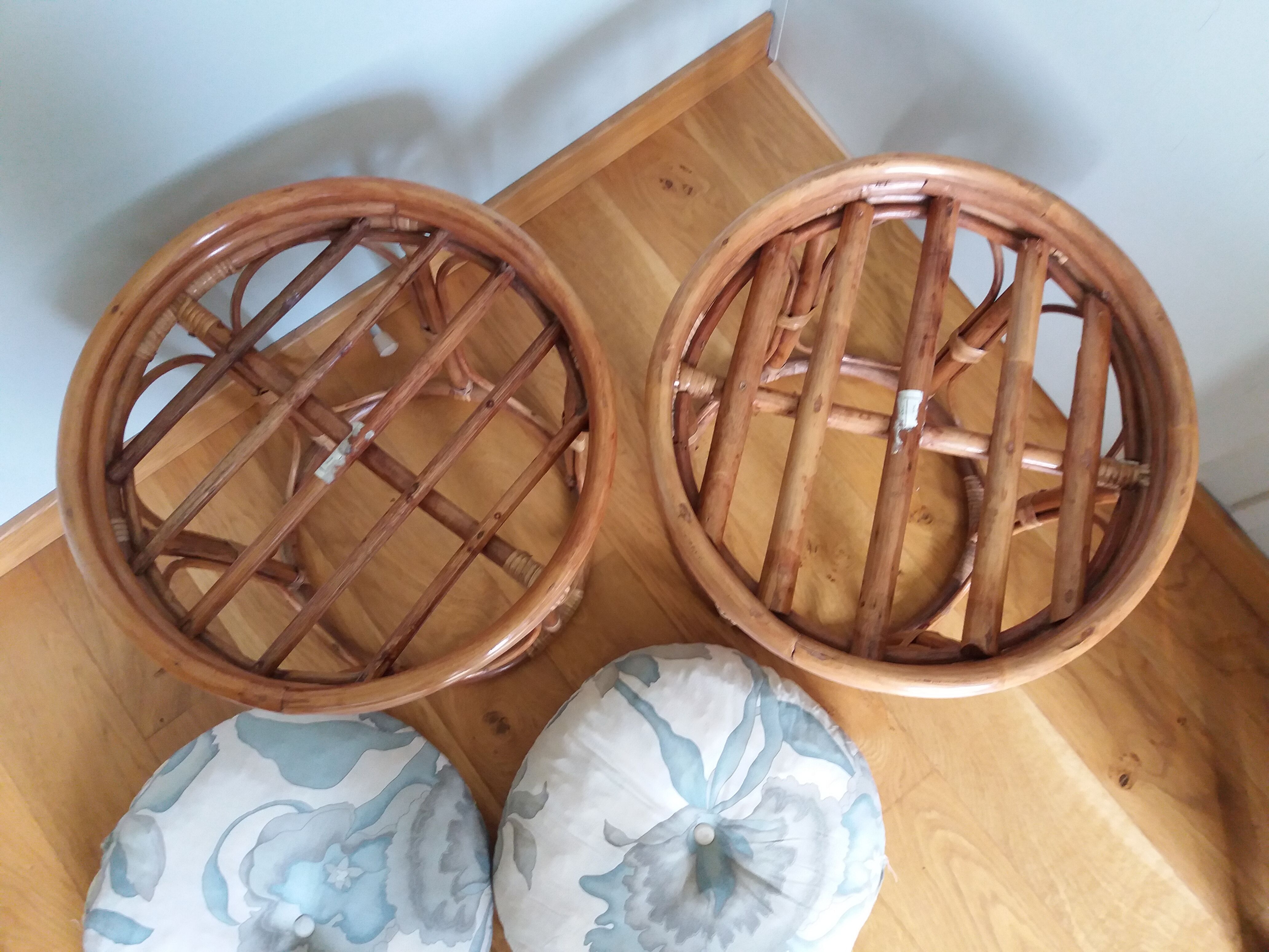 Pair of wicker rattan stool poufs
