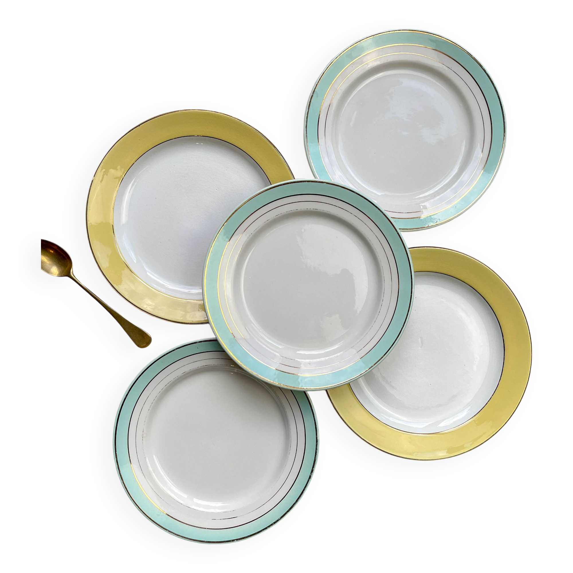 5 Small vintage mismatched yellow and green plates 1950